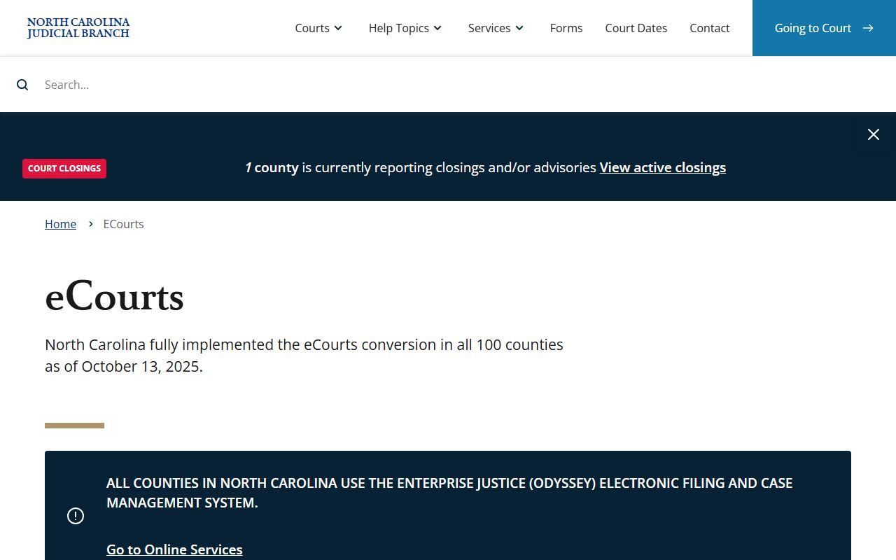 North Carolina eCourts page tied to Wake County court records access