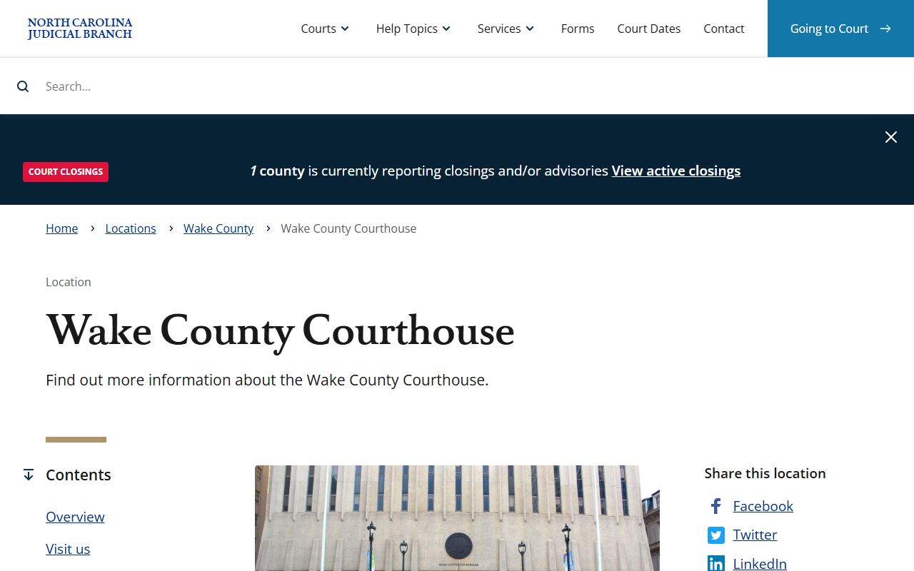 Wake County Courthouse page for civil court records in Raleigh