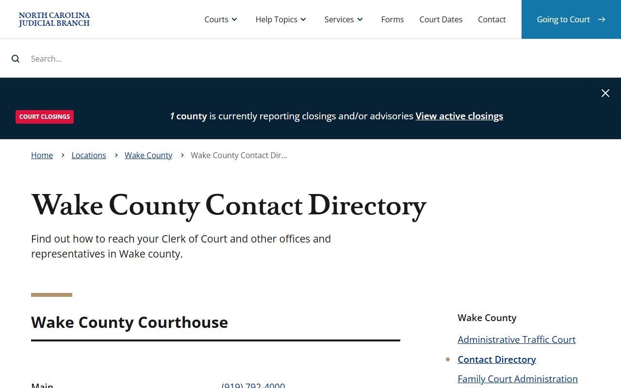 Wake County court contact directory for court records by case type