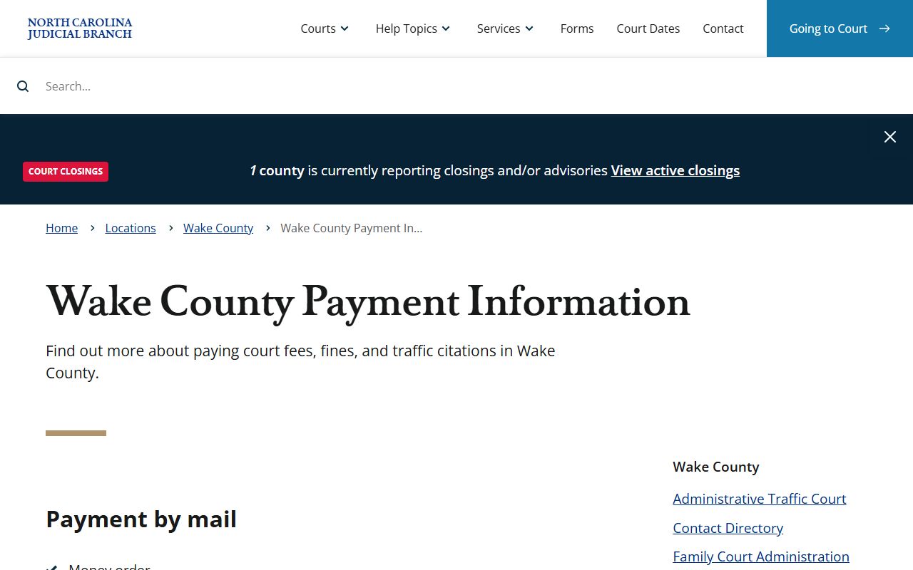Wake County court payment information for Clerk of Superior Court requests