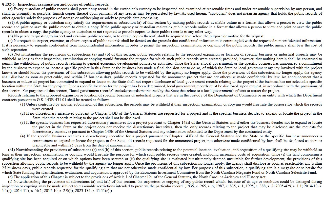 North Carolina inspection and copies statute for Wake County Clerk of Superior Court