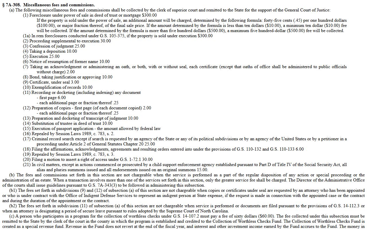 North Carolina civil and special proceeding costs statute for Wake County Clerk of Superior Court