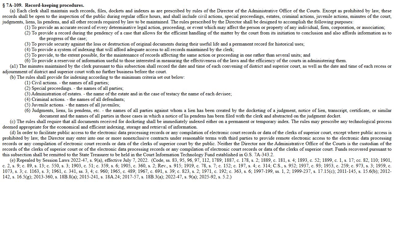 North Carolina clerk records statute for Wake County Clerk of Superior Court