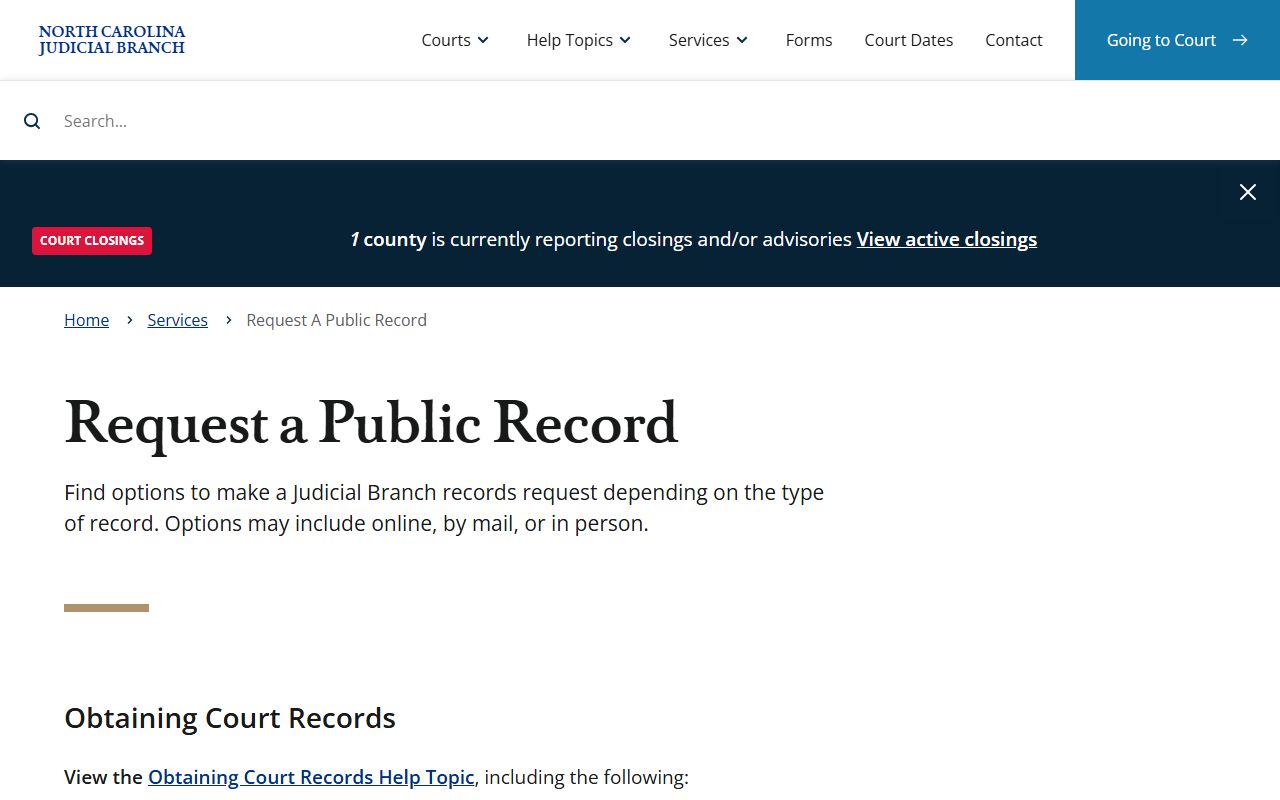 Wake County court records public records request page on the Judicial Branch site