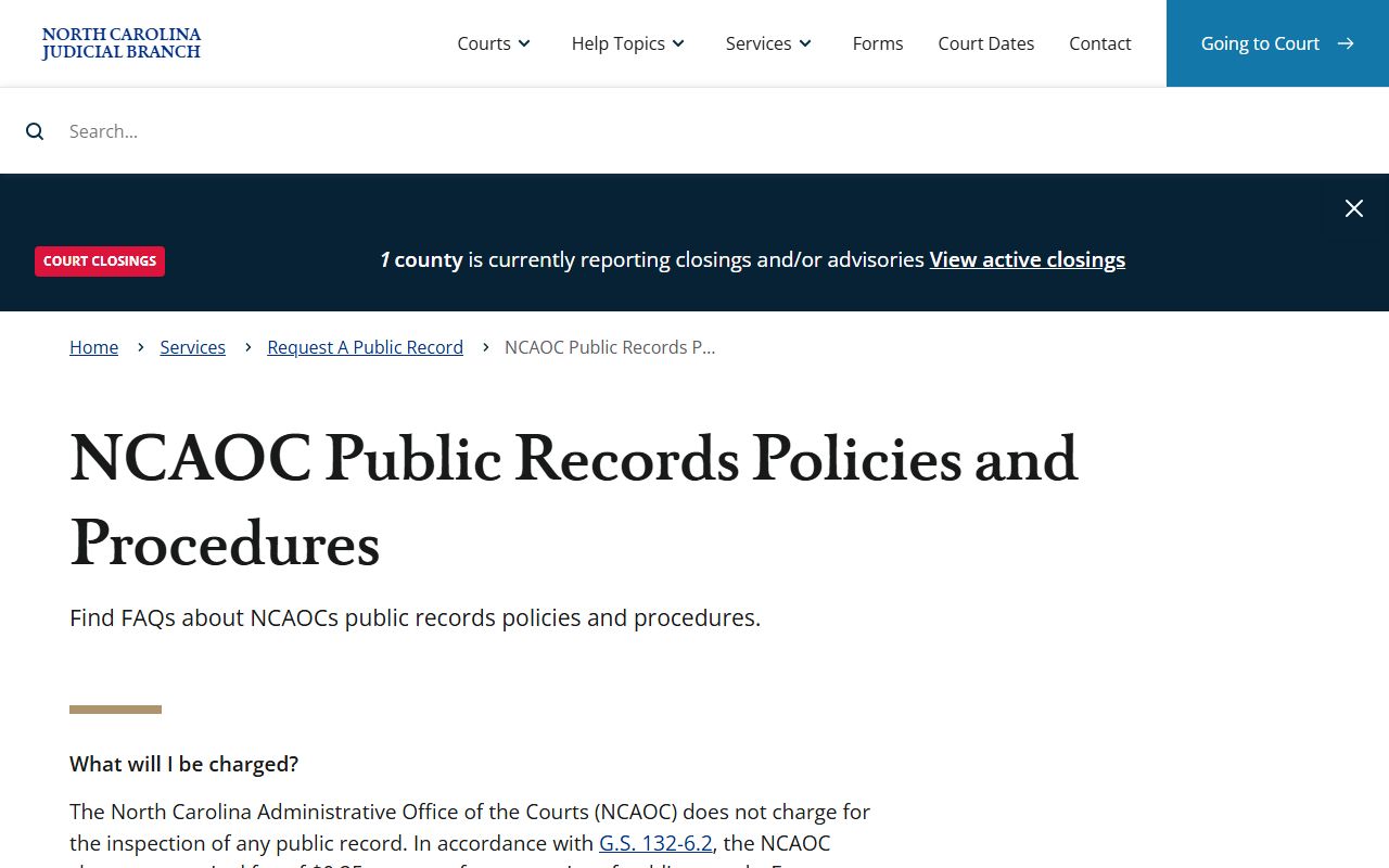 NCAOC public records policy for Wake County court records requests
