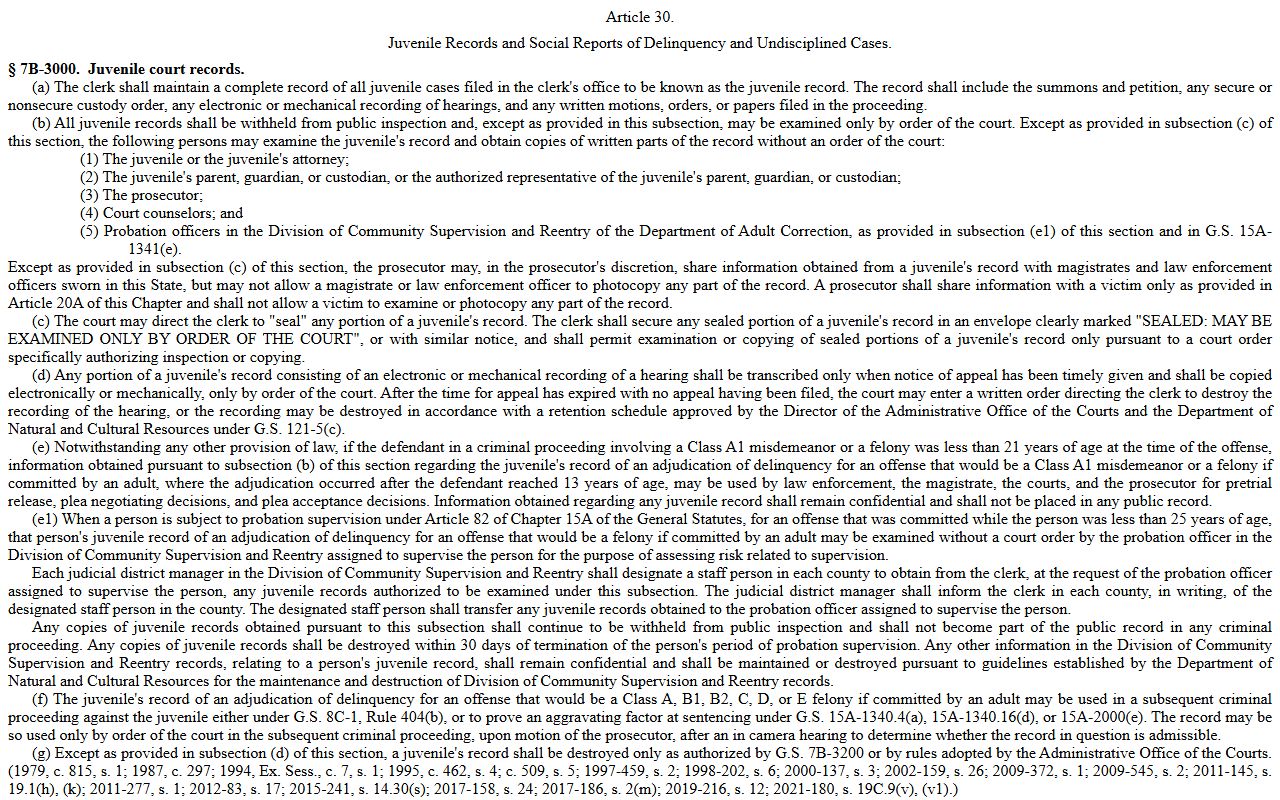 North Carolina juvenile records statute for Wake County criminal records