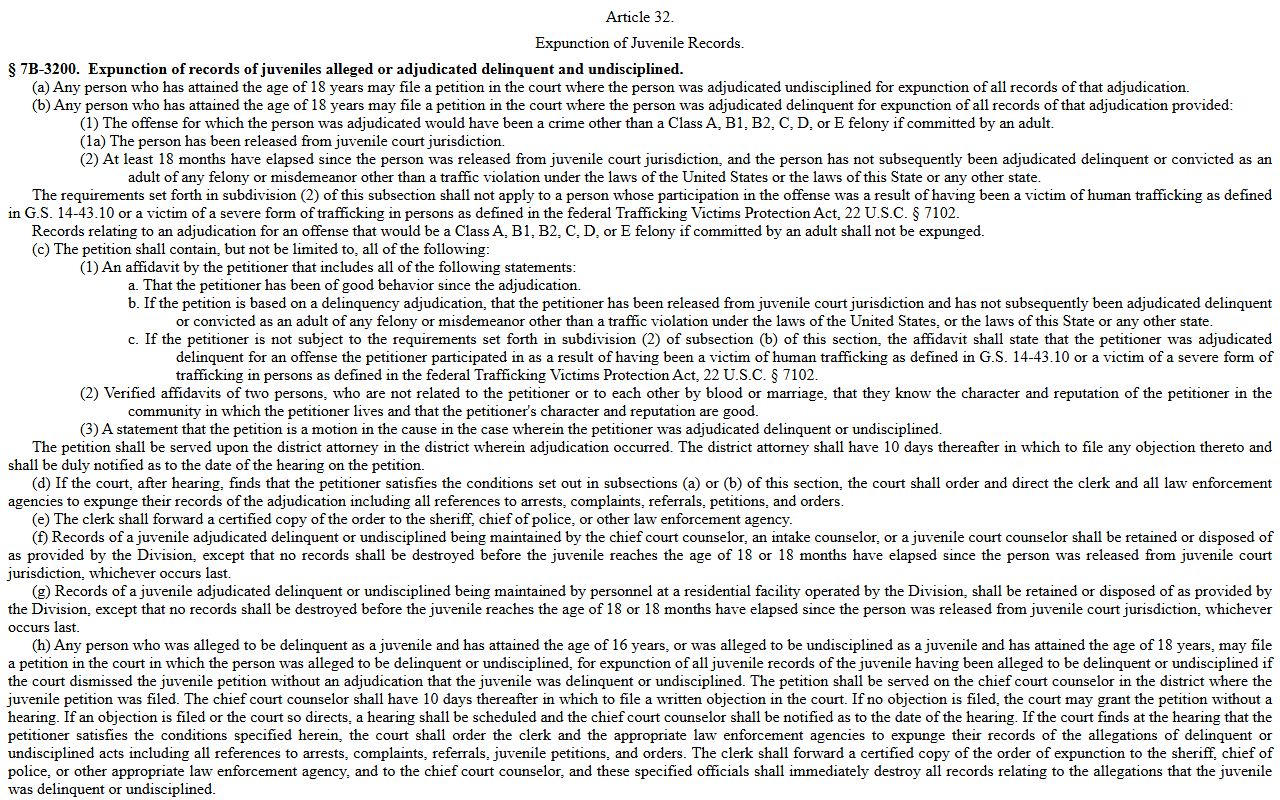 North Carolina juvenile expunction statute for Wake County criminal records