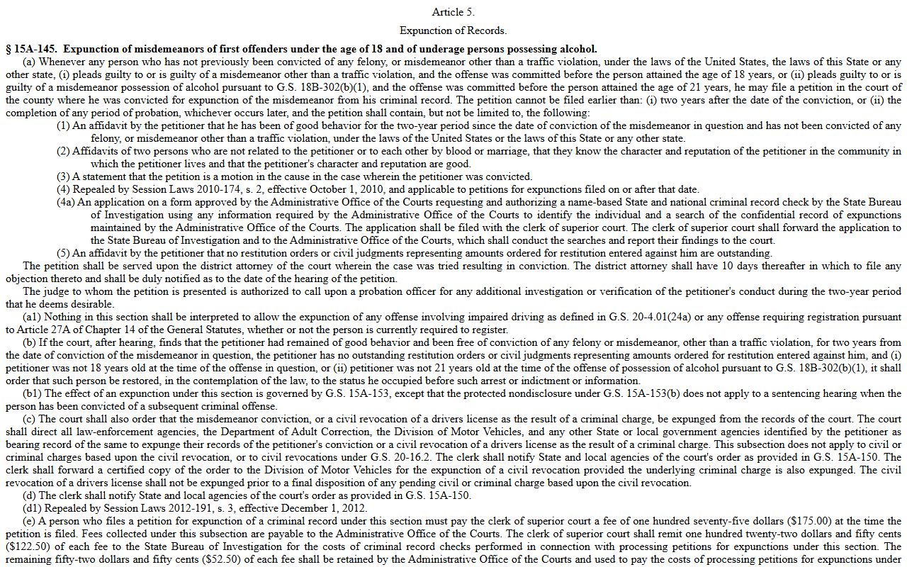 North Carolina misdemeanor expunction statute for Wake County criminal records