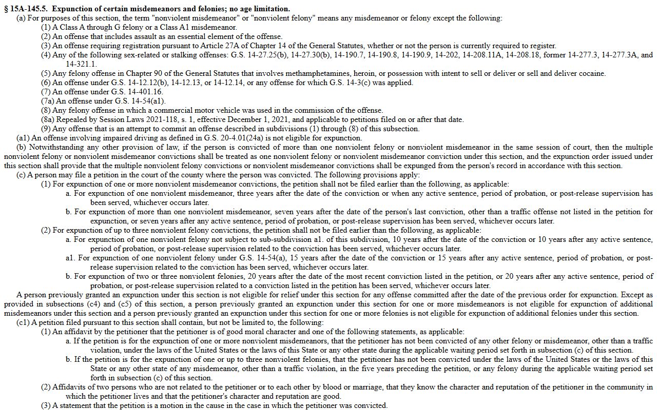 North Carolina nonviolent conviction expunction statute for Wake County criminal records