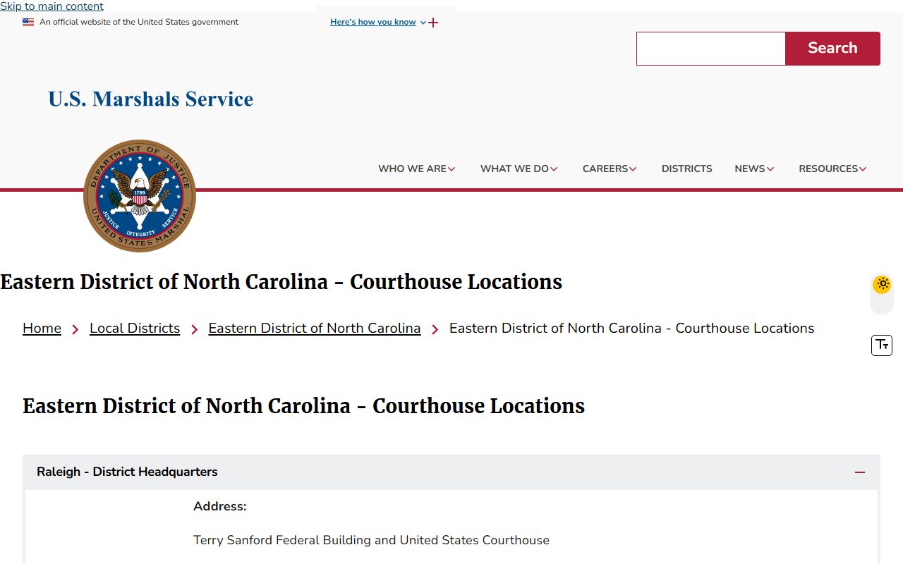 U.S. Marshals Eastern District of North Carolina courthouse locations for Wake County