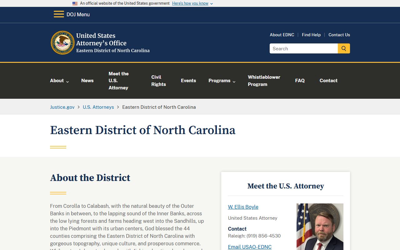 U.S. Attorney Eastern District of North Carolina serving Wake County