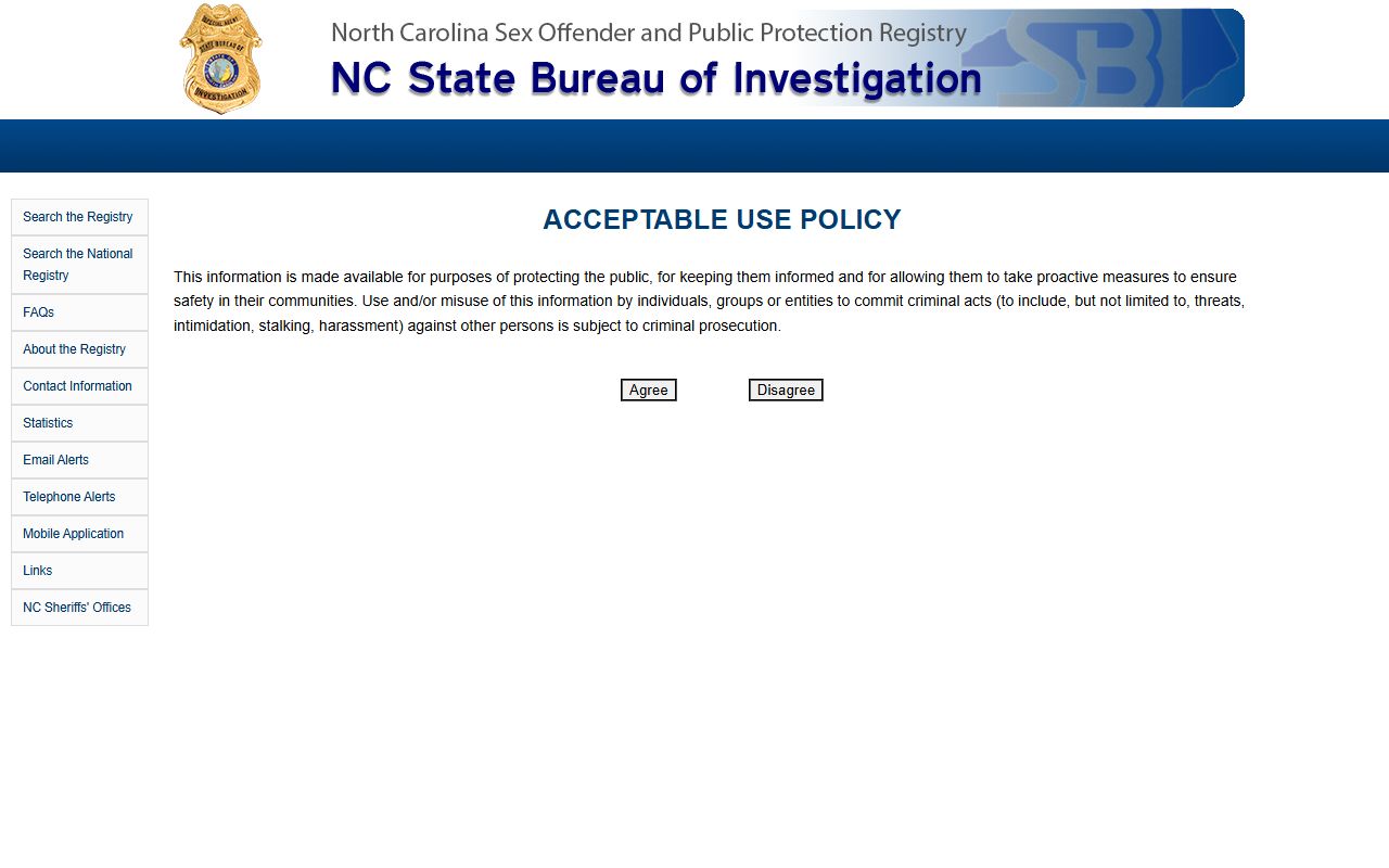 North Carolina sex offender registry disclaimer for Wake County inmate population data