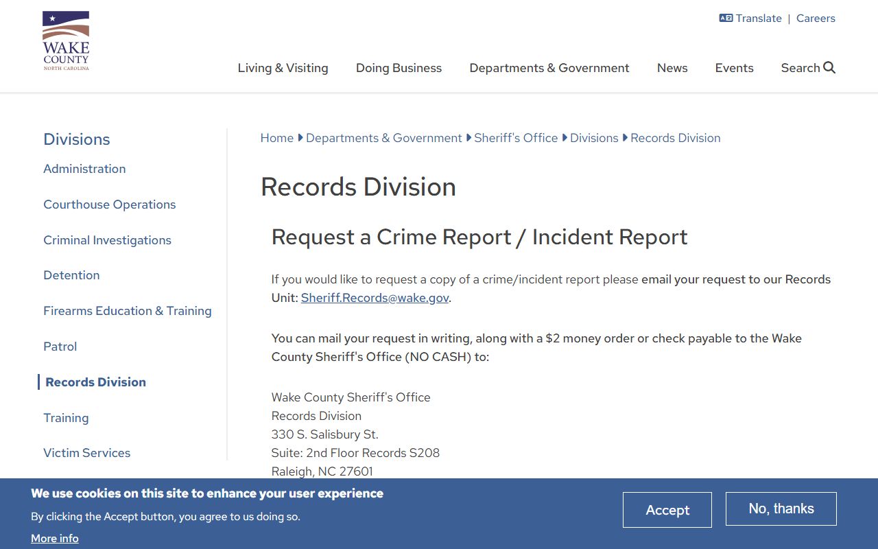 Wake County Sheriff Records Division for inmate records requests