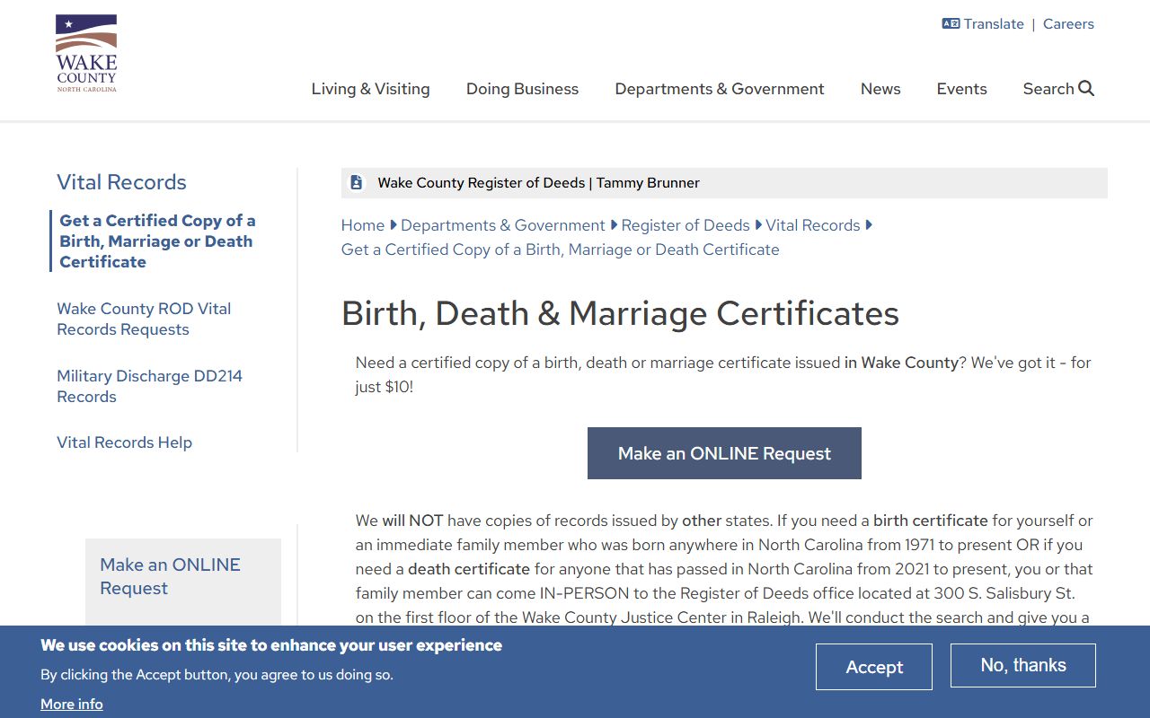 Wake County vital records certificates for marriage records