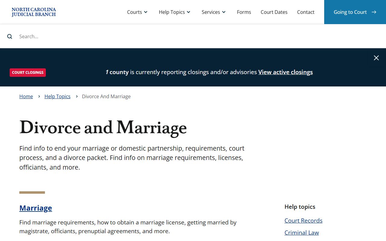 North Carolina divorce and marriage help topic for Wake County divorce records