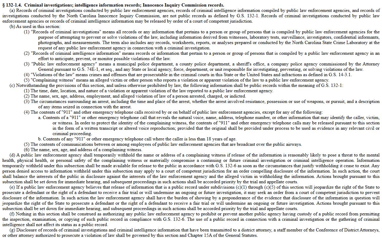 North Carolina criminal investigation records statute for Wake County public records