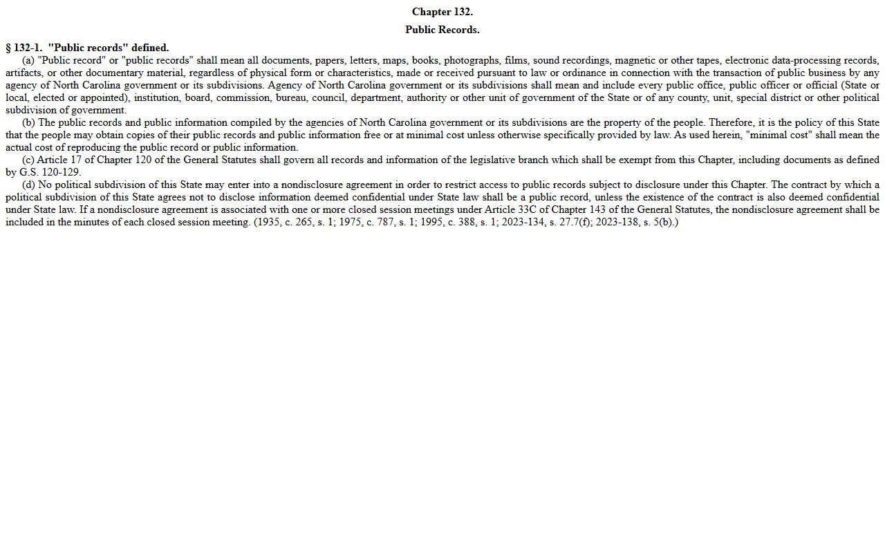 North Carolina public records definition statute for Wake County public records