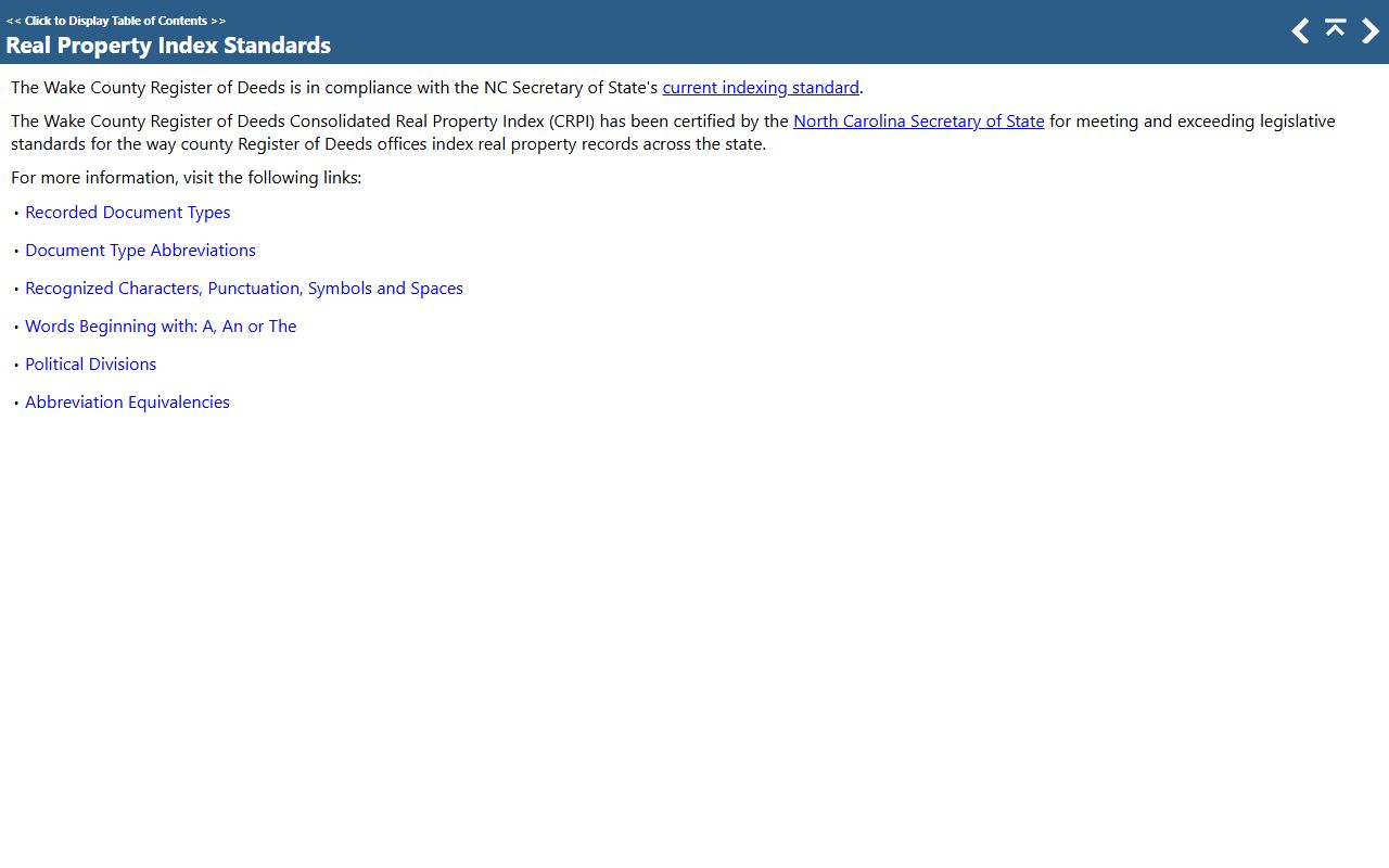 Wake County CRPI real property index standards for public records