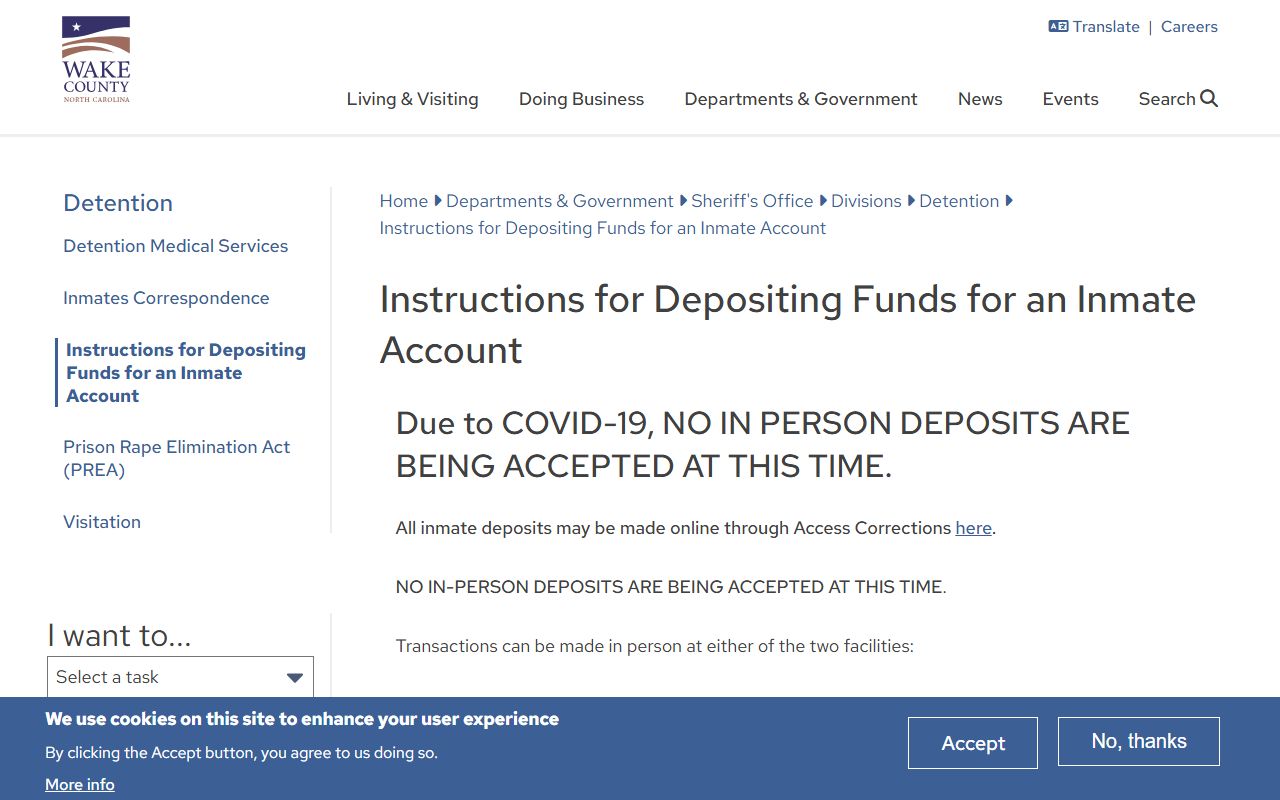 Wake County inmate account deposits page for released inmates