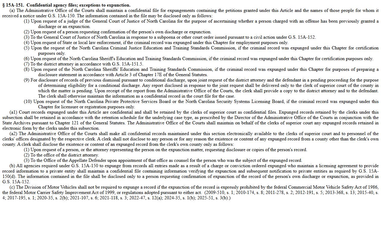 North Carolina access to expunged records statute for Wake County warrant records