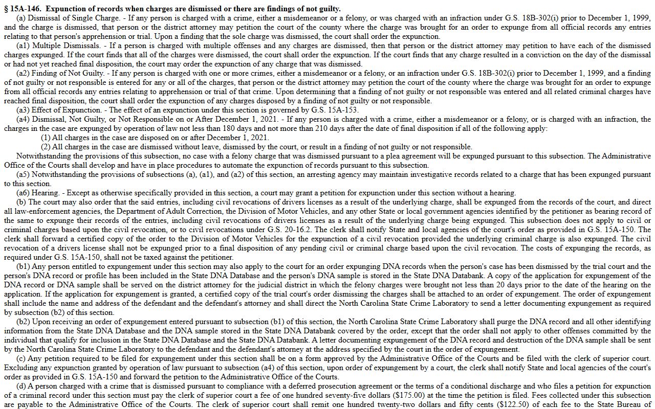 North Carolina dismissed charge expunction statute for Wake County warrant records